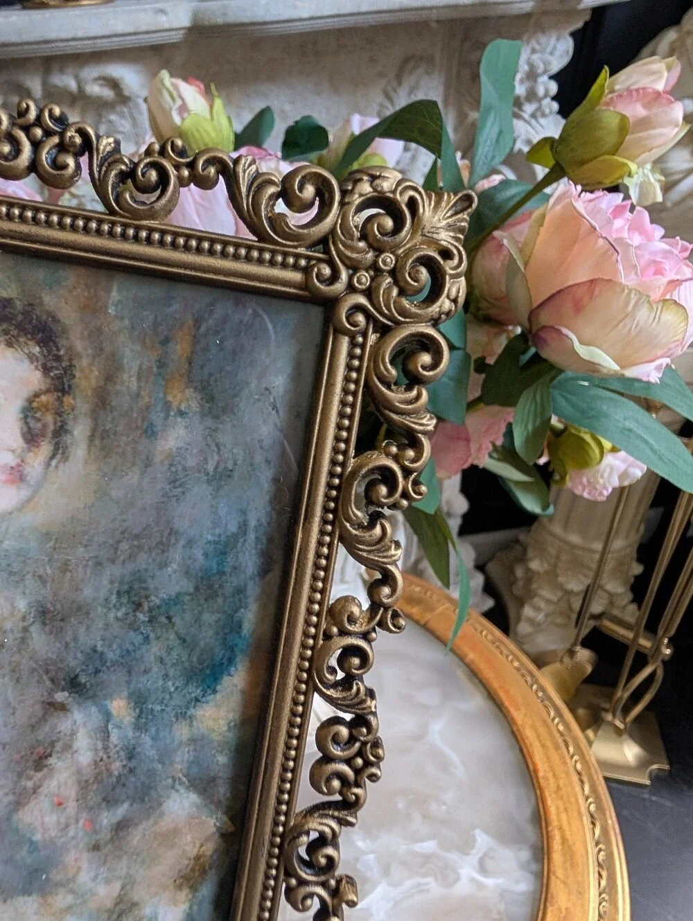 Vintage Small Metal Ornate Photo Frame w/  VTG Style Moody Victorian lady Print